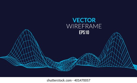 Wireframe mesh Landscape Background. Futuristic Landscape with line Grid. Low Poly 3D Wireframe Mapping. Network Cyber Technology background.