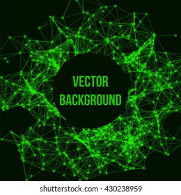 Wireframe mesh polygonal background. Abstract form with connected lines and dots. Vector black and green illustration.