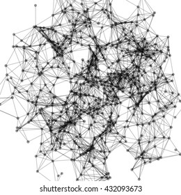Wireframe mesh polygonal background. Abstract form with connected lines and dots. Vector black and white illustration.