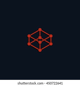 Wireframe mesh polygonal element. Cube with connected lines and dots.