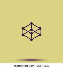 Wireframe mesh polygonal element. Cube with connected lines and dots.