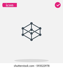 Wireframe mesh polygonal element. Cube with connected lines and dots.