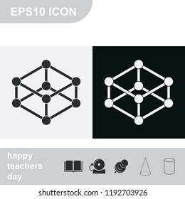 Wireframe mesh polygonal element flat black and white vector icon. Cube with connected lines and dots.