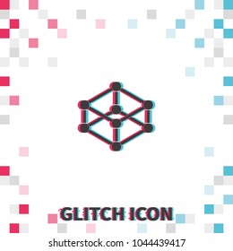 Wireframe mesh polygonal element  glitch effect vector icon. Cube with connected lines and dots.