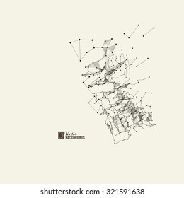 Wireframe mesh polygonal element. Grey graphic background dots with line connections for your network design. Abstract form with connected lines and dots. Vector illustration.