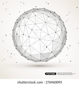 Elemento poligonal de malla del bastidor de alambres. Esfera con líneas y puntos conectados. Estructura de conexión. Visualización de datos digitales. Concepto gráfico de redes sociales