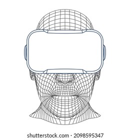 Wireframe Mesh Polygonal Head With Virtual Reality Headset, Front View