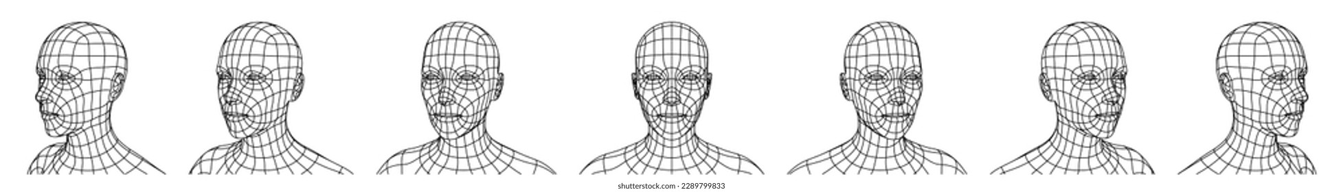 Wireframe Mesh Polygonal Human Head in Different Angles