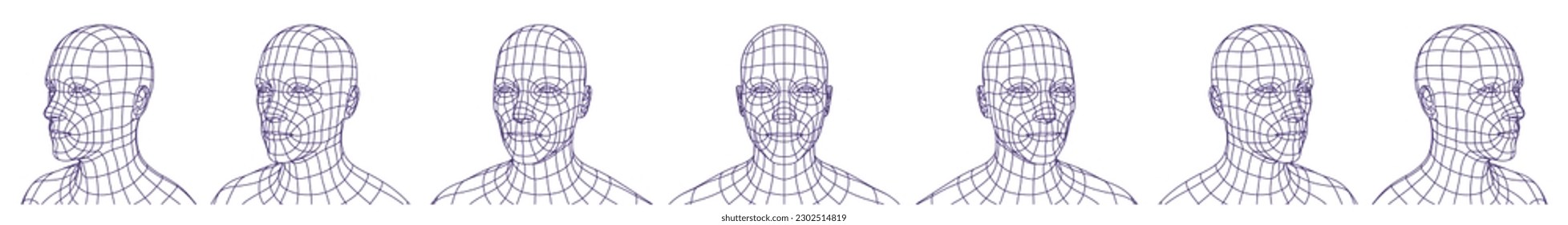 Wireframe Mesh Polygonal Male Head in Different Angles