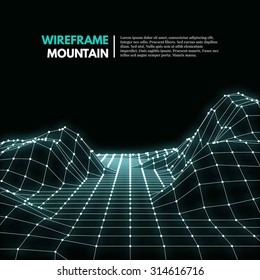 Wireframe mesh polygonal surface. Mountains with connected lines and dots. Vector Illustration EPS10.