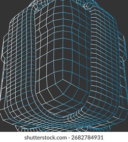 Wireframe mesh of a rounded object in tones of blue and white on a dark background