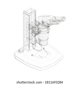 Wireframe of a microscope made of black lines isolated on a white background. Desktop microscope. Isometric view. 3D. Vector illustration