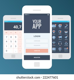 Wireframe mobile app ui kit screens. Welcome screen, login screen, sign in screen, calculator screen, main menu with icons screen, message, phone, chat, speech bubble, location, megaphone, cloud, sync