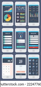 WIreframe mobile app ui kit, 9 different mobile app ui kit screens, statistic screen, stock activity screen, diagram screen, sign up screen, sign in screen, registration screen, calculator screen.