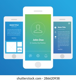 Wireframe Mobile App UI Kit Profile Screen,Wireframe Mobile App UI Kit Blog Post Screen,Wireframe Mobile App Ui Kit About With Text Info Screen.