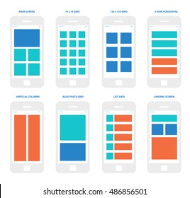 Wireframe mobile app ui kit. Mobile grid screens collection. Main screen grid, 74 x 74 grid screen, 120 x 120 grid screen, 5 row horizontal screen, vertical columns screen, blog posts grid screen.