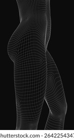 Wireframe model of a female figure with transparent mesh structure, showcasing anatomical contours and digital design elements. The 3D rendering highlights skeletal framework and body proportions.