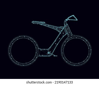 Wireframe of a modern bicycle made of blue lines with glowing lights isolated on a dark background. Side view. 3D. Vector illustration.