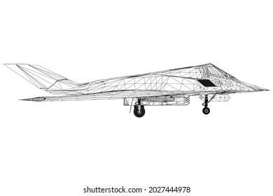 Marco de cable de un avión de combate moderno, de líneas negras sobre un fondo blanco. Vista lateral. 3 D. Ilustración vectorial.