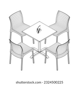 Wireframe Modern round table with chairs. Vector illustration. Hand drawn vector line art sketch of a dining table with chairs. 3D.