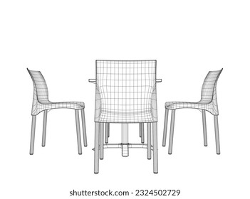 Wireframe Modern round table with chairs. Vector illustration. Hand drawn vector line art sketch of a dining table with chairs. 3D.
