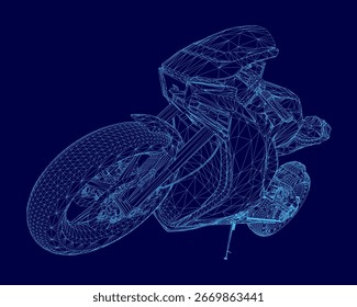 Wireframe motorcycle composed of intricate lines and geometric shapes on a vibrant blue background. The design highlights the bike's structure with clean, modern aesthetics. Perfect for tech.