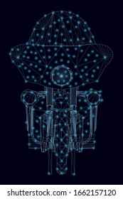 Wireframe of a motorcycle made of blue lines with luminous lights on a dark background. Front view. 3D. Vector illustration