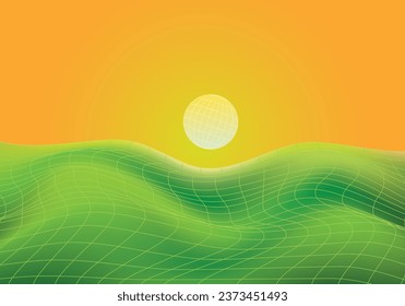 Wireframe of mountain field paddy and sunlight landscape at sunrise.