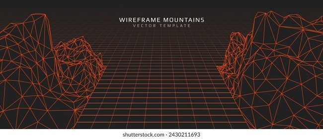 Montañas de alambre. Paisaje de malla 3D futurista. Tecnología digital de colinas poligonales. Ilustración vectorial.
