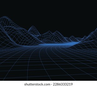 Wireframe mountains. Highway bend among mountain peaks, digital video game landscape with road, grid polygonal texture. Retro 80s cyber punk 3d background. Squared structure of land with hills