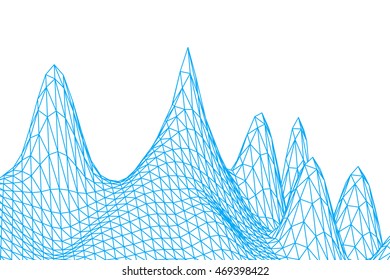 Wireframe mountains terrain. blue color grid in perspective on white background. abstract background for design technology, programming