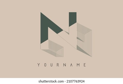 Wireframe N Letter Logo Design in two colors. Creative vector illustration with wired, mirrored outline frame. Pastel colors logo.