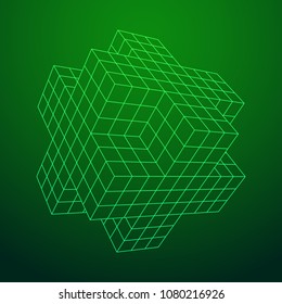 Wireframe Necker Cube. Cube of connected lines. Molecular lattice. The structural grid of polygons. Vector illustration sacred geometry