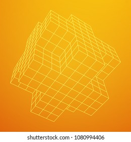 Wireframe Necker Cube. Cube of connected lines. Molecular lattice. The structural grid of polygons. Vector illustration sacred geometry