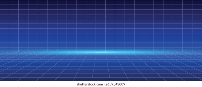 Fundo da rede de arames. Banner digital abstrato com grade cibernética brilhante. Perspectiva futurista do ciberespaço e do metaverso. Design de jogos. Ilustração vetorial Neon 3D em estilo futurismo retrô
