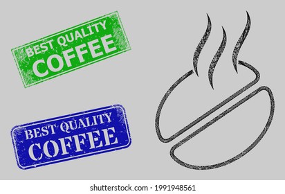 Wireframe net coffee smell model, and Best Quality Coffee blue and green rectangular corroded stamp seals. Carcass net mesh illustration is designed with coffee smell pictogram.
