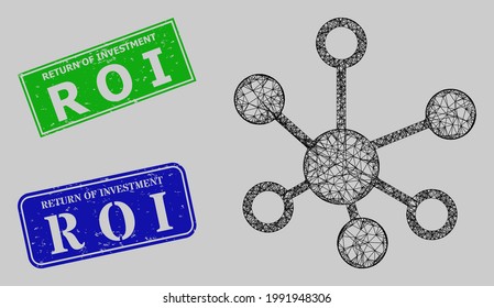 Wireframe net connections model, and Return of Investment R O I blue and green rectangle corroded watermarks. Carcass net illustration designed with connections icon.