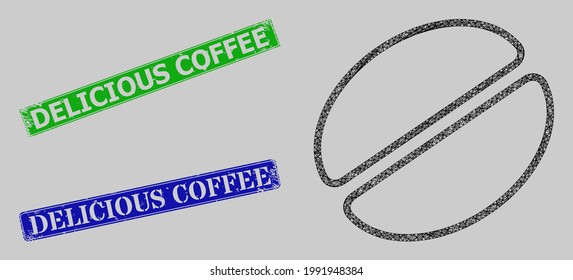 Wireframe net mesh cacao bean model, and Delicious Coffee blue and green rectangular corroded stamp seals. Carcass net mesh symbol designed with cacao bean pictogram.