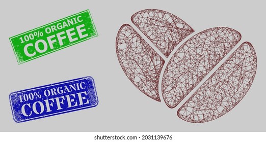 Wireframe-Netz-Netz-Kakaobohnen Modell, und 100 Prozent Organic Kaffee blau und grün rechteckige Stempel gekratzt. Das Maschen-Maschen-Bild von Carcas basiert auf dem Symbol für Kakaobohnen.