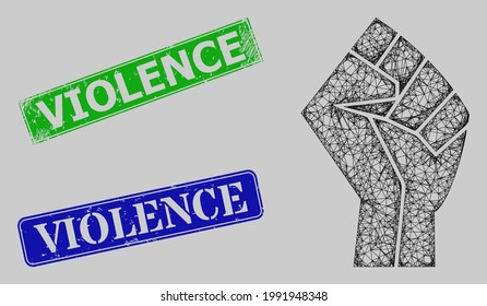 Wireframe net mesh fist model, and Violence blue and green rectangle grunge stamps. Carcass net mesh illustration created from fist pictogram. Stamps have Violence tag inside rectangle frame.