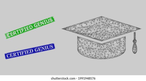 Wireframe net mesh graduation cap model, and Certified Genius blue and green rectangle grunge seal imitations. Carcass net mesh illustration designed with graduation cap icon.