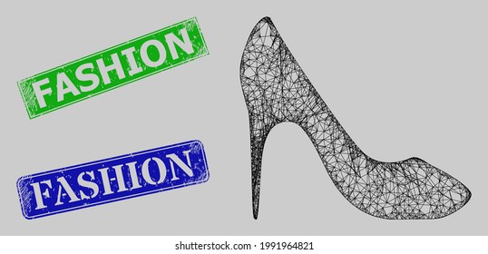 Wireframe net mesh high heel shoe model, and Fashion blue and green rectangular dirty seals. Carcass net image is created from high heel shoe pictogram.