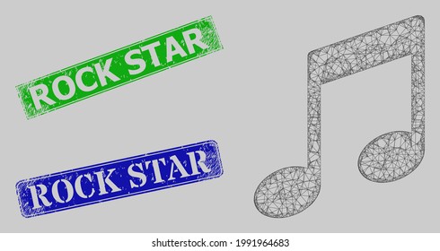 Wireframe net mesh musical notes model, and Rock Star blue and green rectangular textured badges. Frame net mesh image is created from musical notes icon.