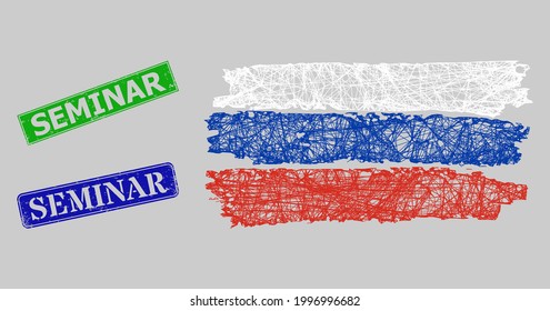 Wireframe net mesh Russia flag model, and Seminar blue and green rectangular corroded stamp seals. Frame net mesh illustration designed with Russia flag pictogram.