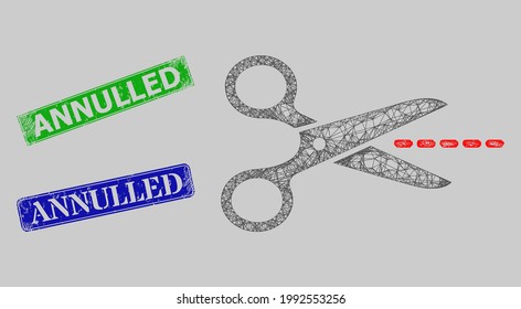 Wireframe net mesh scissors line model, and Annulled blue and green rectangular unclean stamp seals. Carcass net mesh symbol is designed with scissors line pictogram.