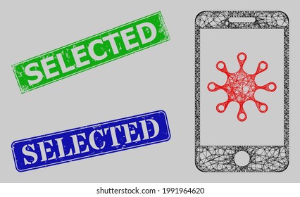 Wireframe net mesh smartphone infection model, and Selected blue and green rectangle unclean stamps. Carcass net mesh image is based on smartphone infection pictogram.