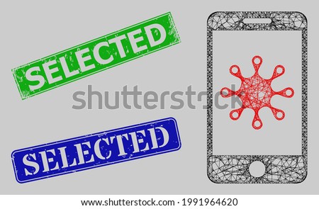 Wireframe net mesh smartphone infection model, and Selected blue and green rectangle unclean stamps. Carcass net mesh image is based on smartphone infection pictogram.
