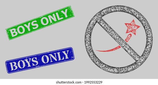 Wireframe net mesh stop success model, and Boys Only blue and green rectangular dirty seal prints. Frame net mesh image is designed with stop success icon.