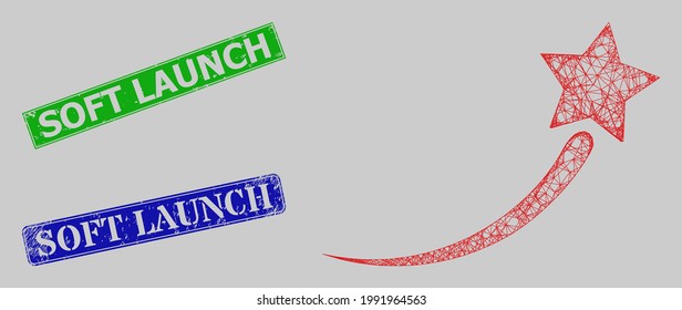 Wireframe net mesh success start star model, and Soft Launch blue and green rectangle grunge stamp seals. Frame network symbol designed with success start star icon.