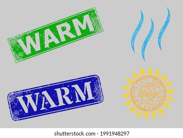 Wireframe-Netz Netz-Netz-Netz Sonne warm Modell, und warme blaue und grüne rechteckige schmutzige Robben. Das Symbol für die Masche des Carcassennetzes ist mit einem lichtwarmen Piktogramm konzipiert. Die Siegel enthalten warme Überschriften in rechteckiger Form.